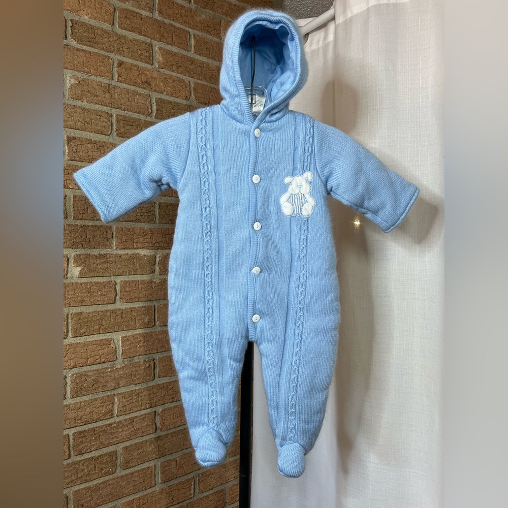 Bright Future Baby Blue Knit Bunting Snowsuit 6–9M Hooded Insulated Footed EUC